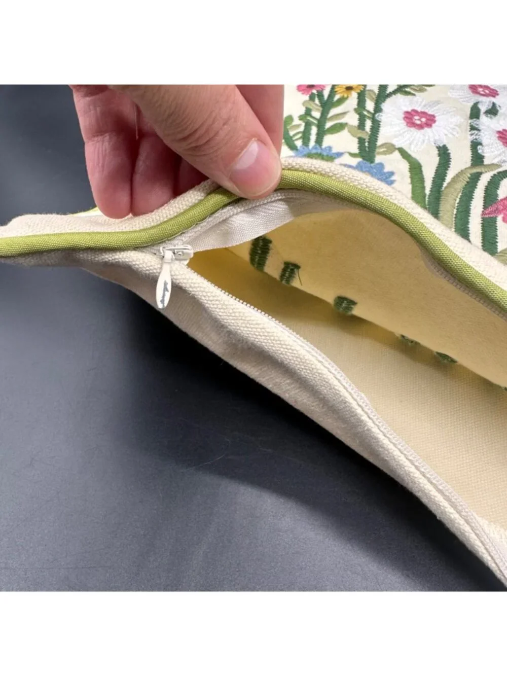 Floral Pillow Cover Embroidered Wildflowers Zipper Cream Green Pink Blue Flowers